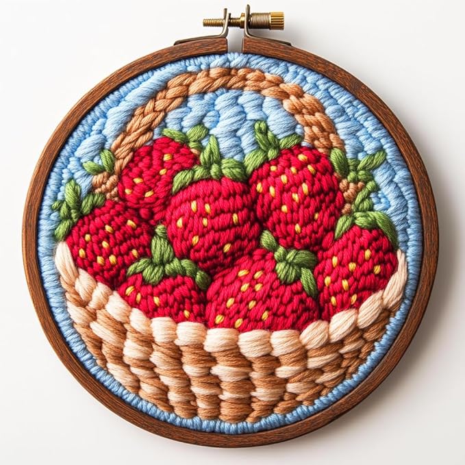 DIY Punch Needle Kits Red Strawberries in Basket Easy for Beginners Punch Needle Embroidery Set with Hoop Stamped Pattern for Craft Lovers and Home Decor-4