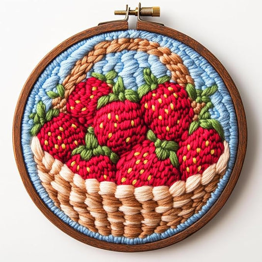 DIY Punch Needle Kits Red Strawberries in Basket Easy for Beginners Punch Needle Embroidery Set with Hoop Stamped Pattern for Craft Lovers and Home Decor-4