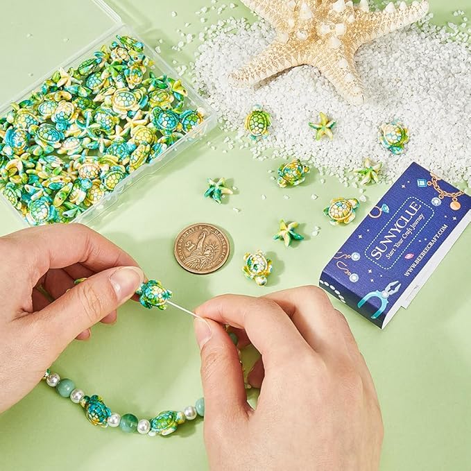 SUNNYCLUE 100PCS 2 Styles Green Turquoise Turtle Beads Starfish Beads Summer Hawaii Ocean Animal Sea Life Lucky Gemstone Loose Spacer Beads Bulk for Jewelry Making Beading Kit Bracelets Craft Supply