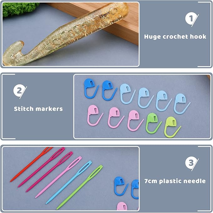 Mayboos 25mm Large Crochet Hook, Big Yarn Crochet Hooks Needles, Extra Long Large Size Plastic Handle Knit Crochet Hooks with 10 Stitch Markers and 6 Big Eye Needle