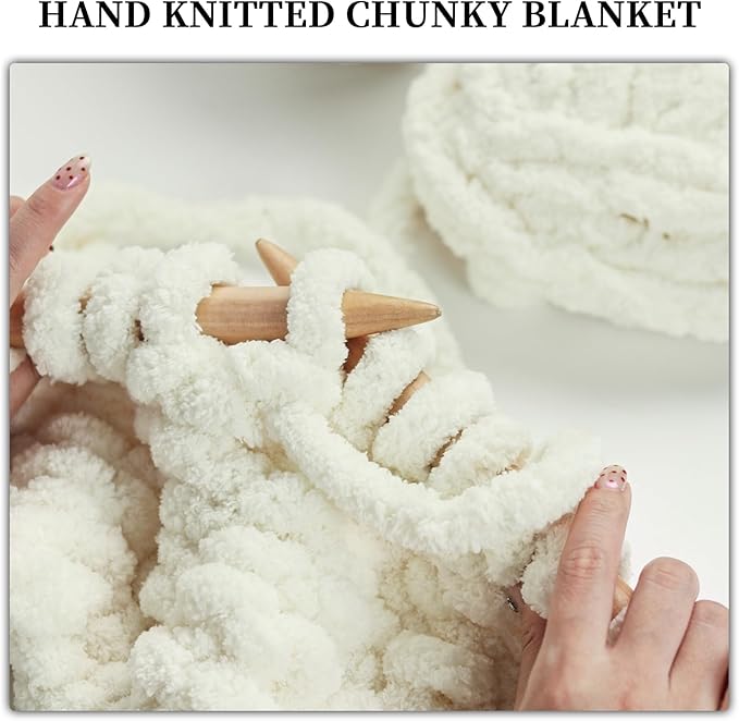 SUNTQ 8 Pack Jumbo Chunky Chenille Yarn for Crocheting, Bulky Thick Fluffy Yarn for Hand Knitting Blanket, Soft Plush Knitting Yarn for Cushions, Pet Bed,Home Decor, Ivory(32 yds,8.8 oz Each Skein)