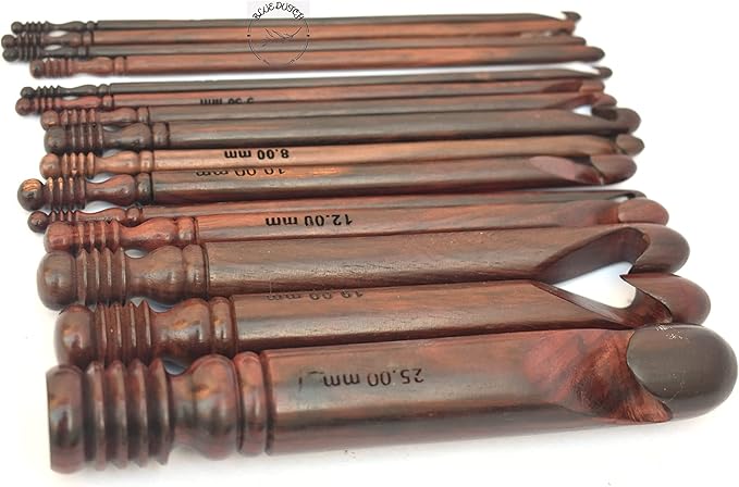 BLUE DUTCH ARTS Rosewood Crochet Set of 15 Hooks Crochet Hooks Ergonomic Soft Grip 3.5 MM to 25 MM, Wooden Crochet Hooks for Knitting Size Engraved