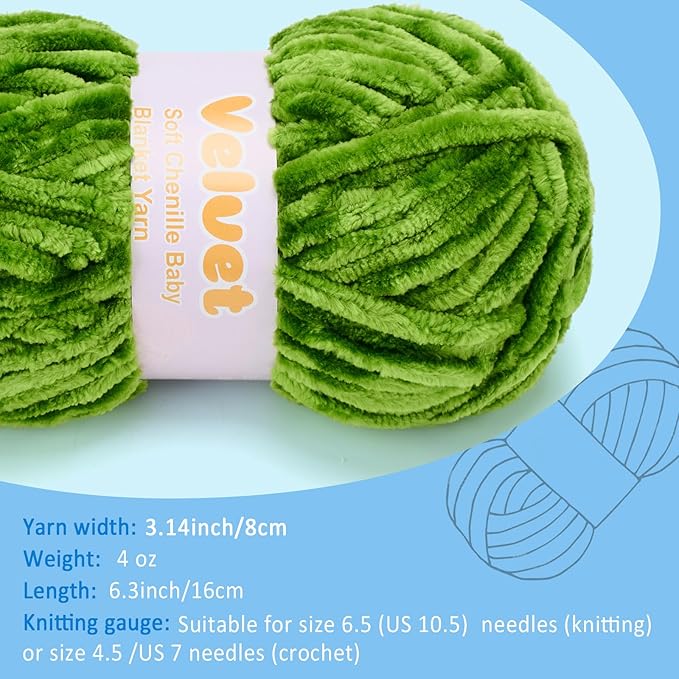 Velvet Yarn Chenille Yarn for Crocheting and Knitting Soft Chenille Bulky Baby Blanket Yarn DIY Weaving Craft 2pack Light Green(4oz 66yds Each)