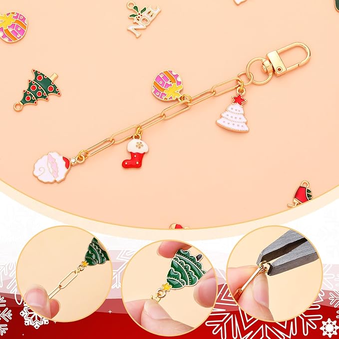 Tondiamo 266 Pieces Christmas DIY Gold Keychain Making Kit Bat Christmas Tree Santa Charm Jewelry Making Snowflakes Stocking Ornaments Bulk for Key Ring Art Adults Women Bag Gift
