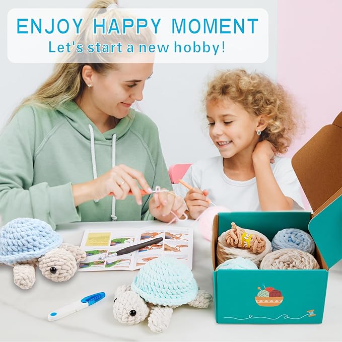 eelexa crochet kit for beginners, amigurumi crocheting animal kits, with step-by-step video tutorials for kids adults beginner - 2 pack turtles
