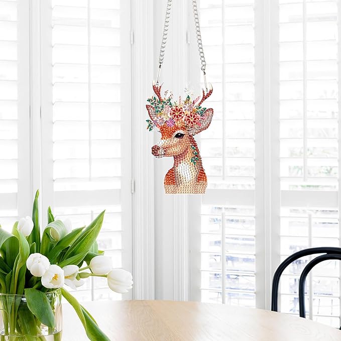 Deer Animal Diamond Painting Hanging Kit – DIY Acrylic 5D Special Shaped Diamond Art Pendant Ornament Board for Wall, Door Garden Decoration, Handmade Craft Kit Gift for Adults and Beginners