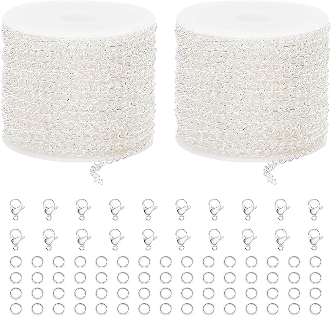 2 Rolls Total 65.6 Feet Silver Jewelry Chains Stainless Steel Necklace Bracelet Curb Chain Bulk for Jewelry Making DIY Craft with Lobster Clasps Jump Rings