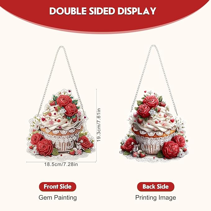 NEWENMO Diamond Art Hanging Kit for Adult, Valentine's Day Cake, DIY Double Sided Acrylic Special Shaped Diamond Art Painting Window Pendant Rose Cake, Home Garden Wall Hanging Ornament Kits
