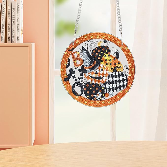 5D DIY Halloween Diamond Painting Hanging Ornament, Acrylic Rhinestone Pendant Craft with Ghost, Pumpkin, Bat & Witch Hat, Diamond Art Window Suncatchers for Home Wall & Door Holiday Decoration