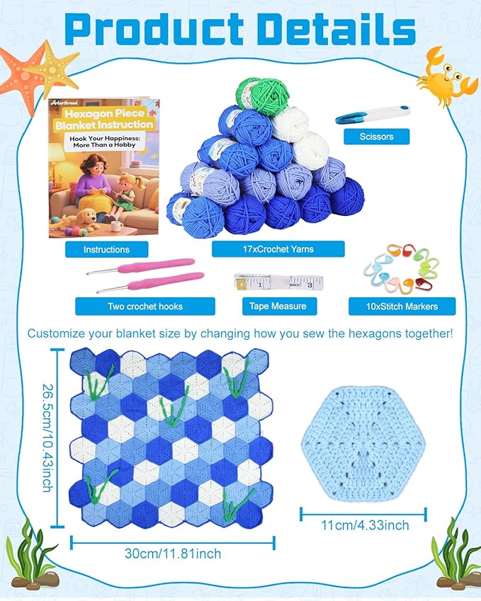 Arborthread Crochet Kit for Beginners, Granny Squares Blanket Knitting Kit w/Step-by-Step Video & Printed Guides for Adults, Kid-Friendly Patterns