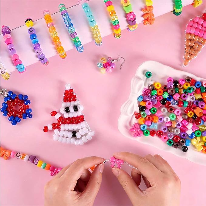 1000Pcs Pony Beads for Bracelets, Colourful Plastic Pony Beads Bulk, 6×9mm Friendship Shape Bead for Jewelry Making Heart Bow Tie Star for DIY Hair Braiding Keychains Necklaces Crafts Party Supplies