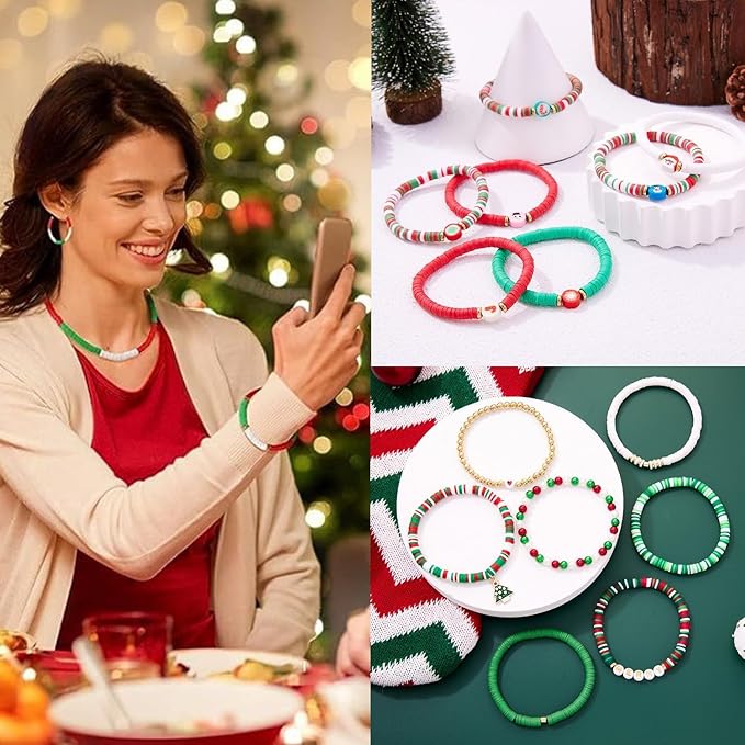 1938Pcs Christmas Beads for Jewelry Making, Red Green White Christmas Bracelet Making Kit Star Beads Polymer Clay Beads Heishi Beads 6mm Pearl Beads 8mm Acrylic Round Beads for Adult Craft Necklace