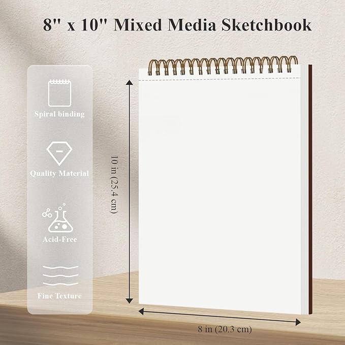 mofuny mixed media sketchbook 8x10, 50 sheets - 110lb/180gsm mixed media paper | art paper for acrylic painting, watercolor sketchbook, ink, markers, pencil, artist supplies for adults.