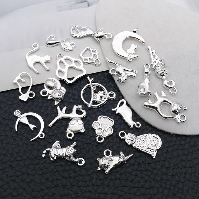 WOCRAFT 60pcs Bright Silver Cat Charms Bracelet Charms for Jewelry Making Sets DIY Necklace Bracelet Keychain Crafting Charms Kit Craft Supplies (SN843)