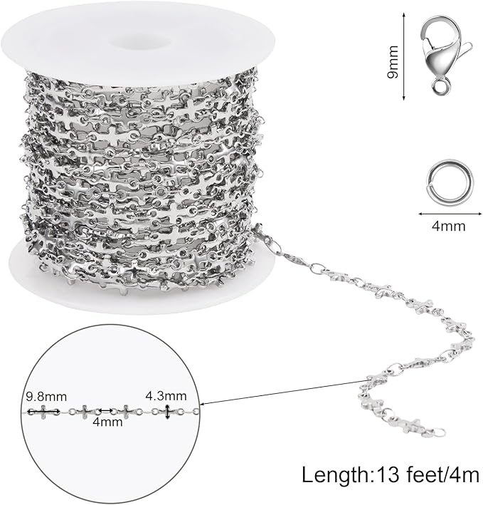 SMYHTGLIF 4 Meters Stainless Steel Cross Jewelry Making Chains Silver Chain Bulk for Jewelry Making DIY Jewelry Findings