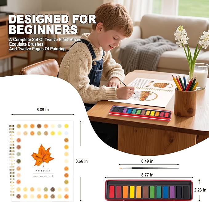 Metyond Beginner Watercolor Workbook Kit - Watercolor Painting Kit with 1 Workbook 12 Colors Paint Set with Brush, Beginner Friendly Watercolor Paint Set Gift for Adults Teens (Autumn)