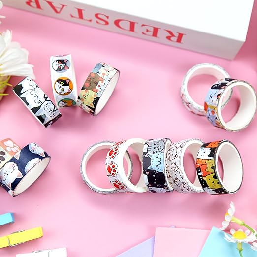 Cute Washi Tape Set, 12 Rolls Kawaii Cat Decorative Tape Cartoon Cat’s Paw Masking Tape for Journaling Supplies, Junk Journal, Scrapbooking, DIY Arts & Crafts, Planners, Gift Wrapping