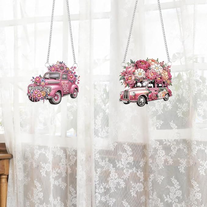 2 Pack Diamond Painting Car Charms – Pink Floral DIY Hanging Ornaments with Rhinestones for Women, Car Mirror or Room Decor