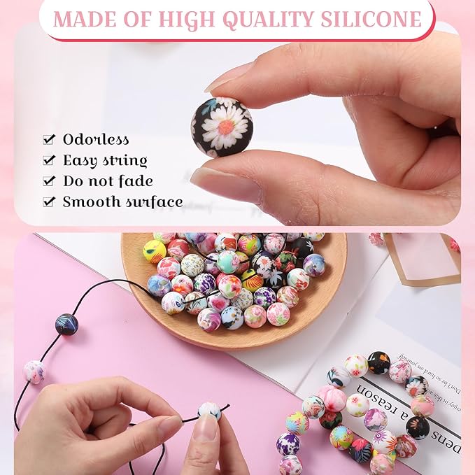 Ferreve 120 Pcs 15mm Silicone Beads Bulk Flower Silicone Beads Floral Print Rubber DIY Bracelet Making Kit for Keychain Making Pens Necklace Jewelry(Flower)