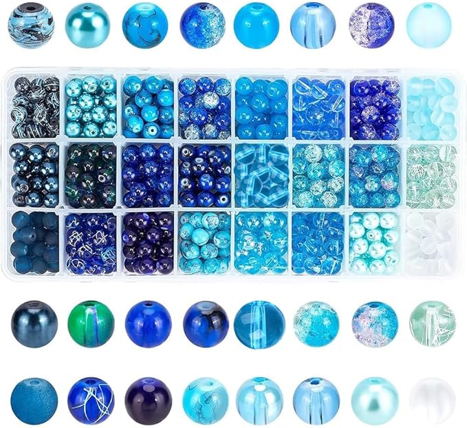 PH PandaHall 720pcs 8mm Blue Beads for Jewelry Making Glass Beads 24 Color Bracelet Bead Round Craft Loose Bead for Bracelets Necklaces Earring Summer Hawaii Boho Heshi Surfer Wave Jewelry Making