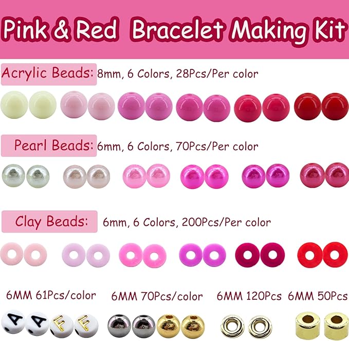 2220Pcs Valentine’s Day Beads for Jewelry Making, Pink Red Polymer Clay Beads Assorted Pearl Beads Acrylic Round Beads Valentines Bracelet Beads Heishi Flat Round Letter Beads Silver Gold Spacer Beads