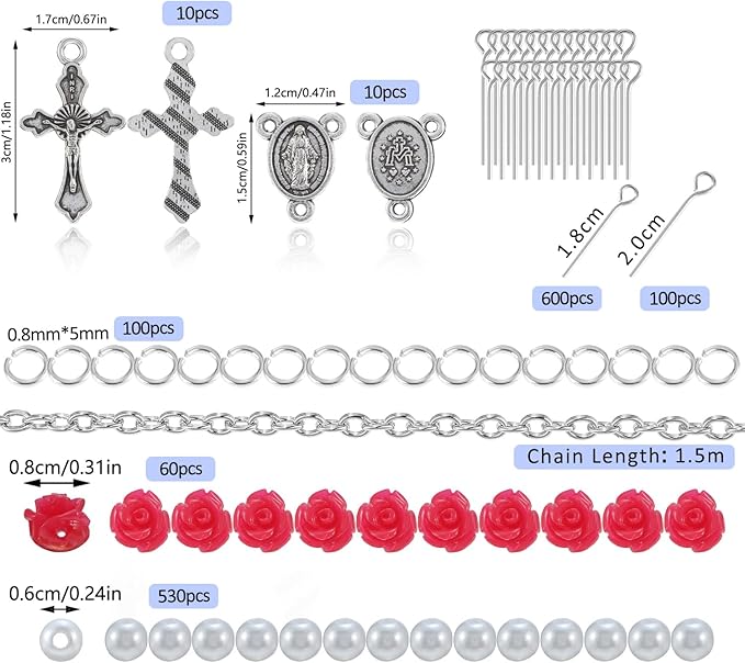 OEMOO 1410PCS Rosary Jewelry Making Kit Rosary Prayer Making Supplies Carved Rose Beads Cross Centerpiece Crucifix Medal Kit First Communion Necklace Set for Rosary Necklace Jewelry Making (White)