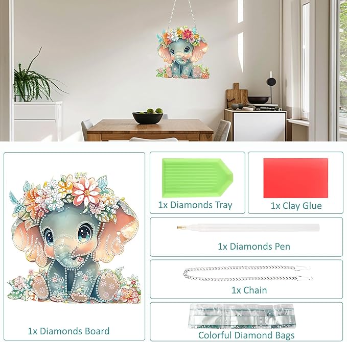 SENQAO Elephant Diamond Art Hanging Kit for Adult, Special Shaped Rhinestone, DIY Acrylic 5D Diamond Art Painting Window Pendants Home Garden Wall Hanging Kits Hanging Ornament