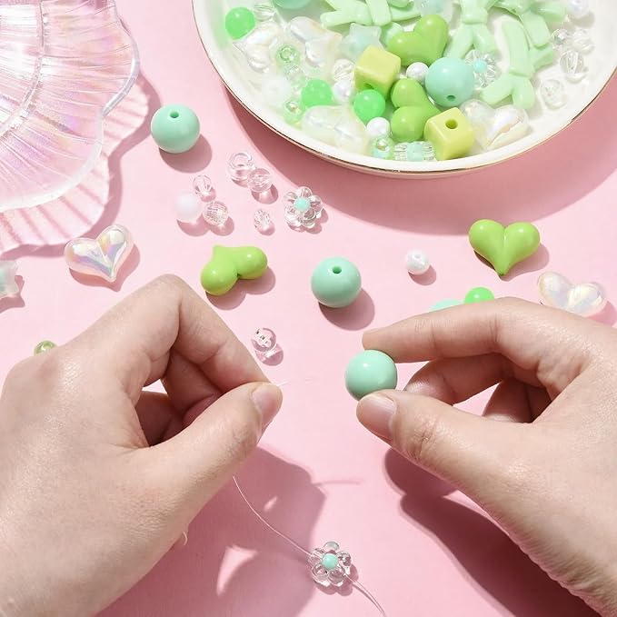 Assorted Acrylic Beads for Bracelet Making Kit, 150g Green Cute Beads for Keychain Making, Kandi Charms, Kawaii Jewelry Making, DIY Crafts