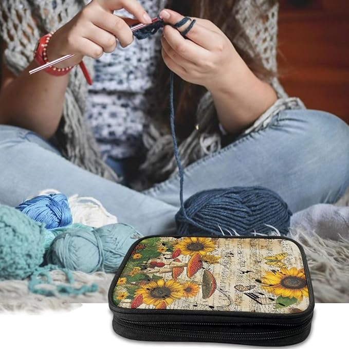 Hechitok Sunflower Mushroom Crochet Hook Case, Organizer Zipper Bag with Web Pockets for Various Crochet Needles and Knitting Accessories, Well Made and Easy to Carry