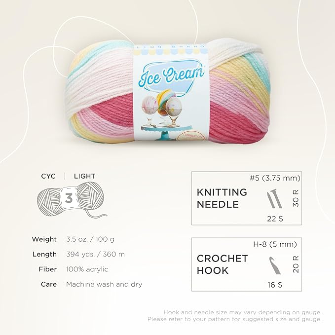 Lion Brand Yarn, Ice Cream Baby Yarn for Knitting, Crochet, and Crafts, Tutti Frutti, 3 Pack, DK Weight Colorful Acrylic Fiber for Baby Blankets, Hats, and Sweaters