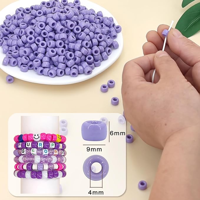 MIIIM 1200PCS 6x9mm Purple Pony Beads Bulk, Kandi Beads for Bracelets Making Kit, Hair Braids Crafts for Jewelry Making (Lavender Purple)