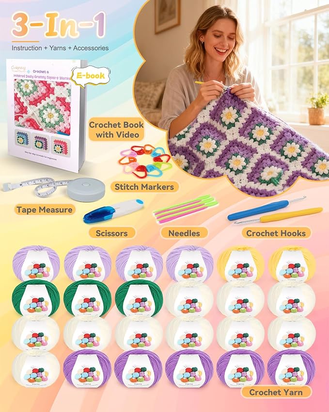 Coopay Blanket Crochet Kit for Beginners, All-in-One Granny Square Blanket Kit with Step-by-Step Video & Enough Yarns - Master 3D Granny Square Crocheting Easily, Ideal Gift for Craft Lovers (Purple)