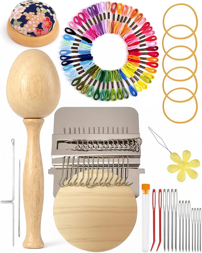 Knit Patch Kit, Mini Darning Loom, Darning Egg Weaving Tool Include Small Weaving Loom with 14 Large Eye Needles 50 Colors Thread for Visible Mending Jeans, Socks and DIY Fabric Repair (Natural Wood)