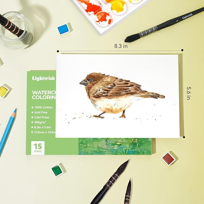 Lightwish Watercolor Coloring Book for Adults & Beginners,100% Cotton 300gsm/140lb Acid-Free Cold Press Paper, 8.3 x 5.6 Inches,15 Sheets,Bird-Themed