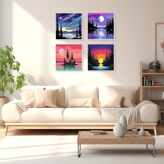 Lxmsja 4 Pack Fantasy Moon Lake Paint by Numbers Kit for Adults, Easy Framed Paint by Numbers for Adults Beginner, DIY Acrylic Oil Painting Craft Kits for Home Wall Decor 8x8 inch