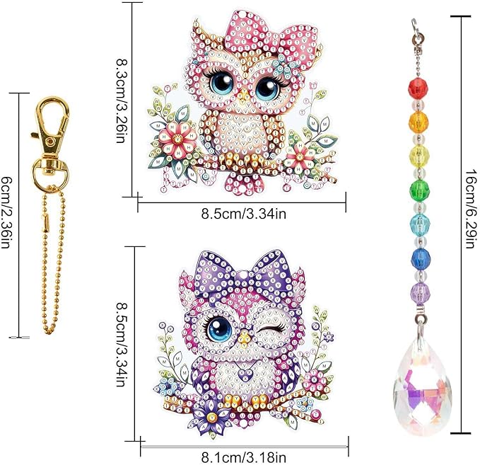 LazyFold 2 Pcs Diamond Painting Wind Chime Kits,Cute Owls DIY Diamond Art Painting Wind Chime Kits Crystal Art Suncatchers for Adults Home Garden Window Craft Gift