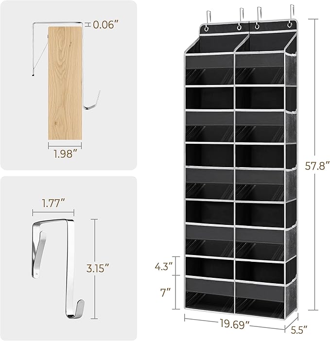 Hanging Yarn Storage Organizer, 10 Extra Large Clear Pockets Organizer with 10 Side Crochet Bag Organizer, Over the Door Yarn Storage for Crochet Hook, Knitting Needles,Black