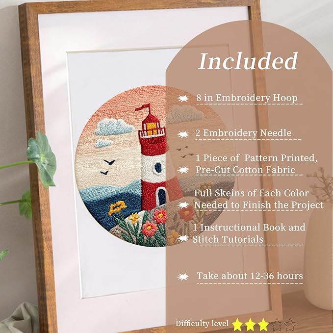 FONNUY Embroidery Kit for Beginners, Lighthouse Landscape Flowers Pre-Stamped Pattern Kits for Adults with Hoop, Easy to Follow Color Thread Needlework, 8'' Hoop (Orange)