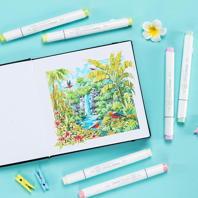 Ohuhu Double-Sided Marker Pad Art Sketchbook Bleedproof - 6.3"x6.3" Small Square Paper Size - 90 lb/150 gsm Smooth Drawing Paper - 60 Sheets/120 Pages - Hardcover Sketching Book for Alcohol Markers