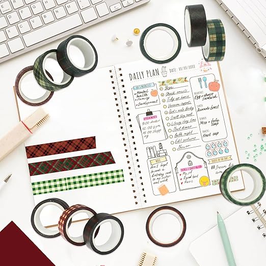 12 Rolls Basic Grid Washi Tape, Buffalo Plaid Red Black Green Holiday Masking Tapes, Plaid Decorative Tapes for Arts, DIY Crafts, Journals, Planners, Scrapbook, Wrapping 16.4FT