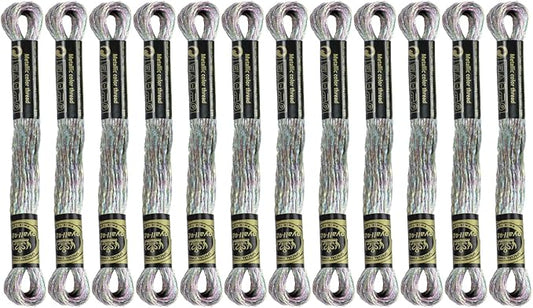 12 Skeins Embroidery Floss, Light Multicolored Metallic Embroidery Thread Polyester Cross-Stitch Threads for Hand Embroidery String Art DIY Creation