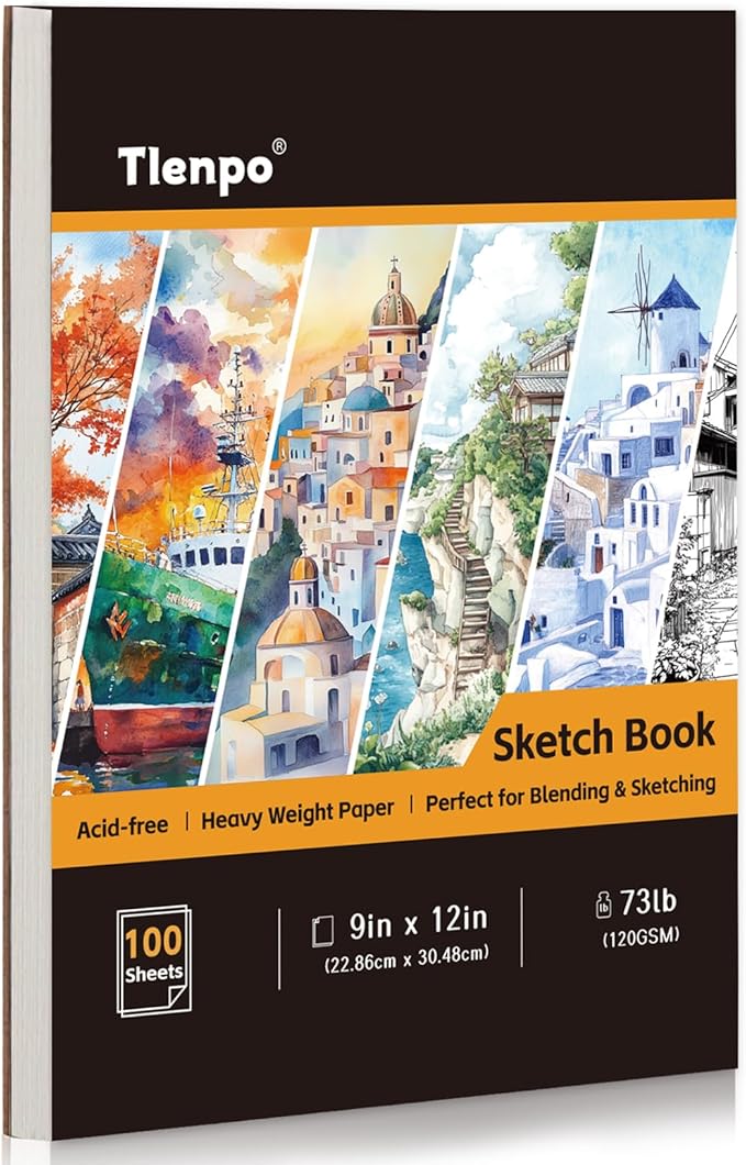 tlenpo sketch book 9 x 12 in, glue bound sketchbook, 100 sheets sketch pad, (73 lb/120 gsm) drawing paper pad, acid free art sketching pad, sketch paper for drawing coloring sketching