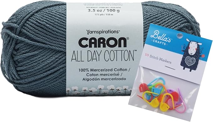 Caron All Day Cotton Yarn - 100g/3.5oz - 100% Mercerized Cotton - 173 Yards Bundle with Bella's Crafts Stitch Markers (Summer Night)
