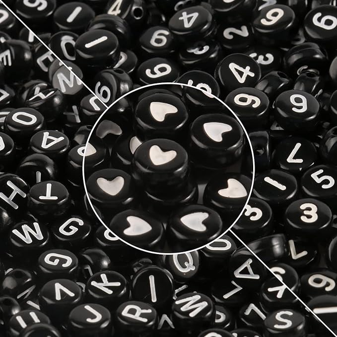 Yochus 1000pcs Black Mixed Round Acrylic Beads 4x7mm White Alphabet Number Heart Shape Bead for Jewelry Making and DIY Bracelets