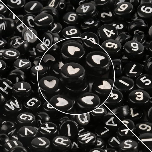 Yochus 1000pcs Black Mixed Round Acrylic Beads 4x7mm White Alphabet Number Heart Shape Bead for Jewelry Making and DIY Bracelets