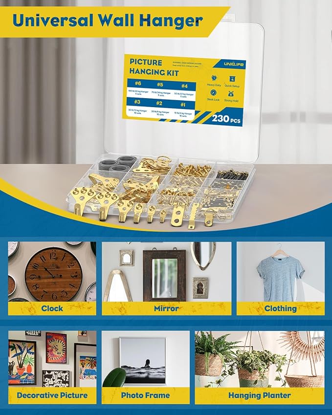 Uniclife 230 Pcs Picture Hanging Kit, 10 lb, 20 lb, 30 lb, 50 lb, 75 lb, 100 lb Heavy Duty Picture Hooks with Nails, D Ring Picture Hangers Sawtooth Picture Hangers & Picture Hanging Wires with Screws