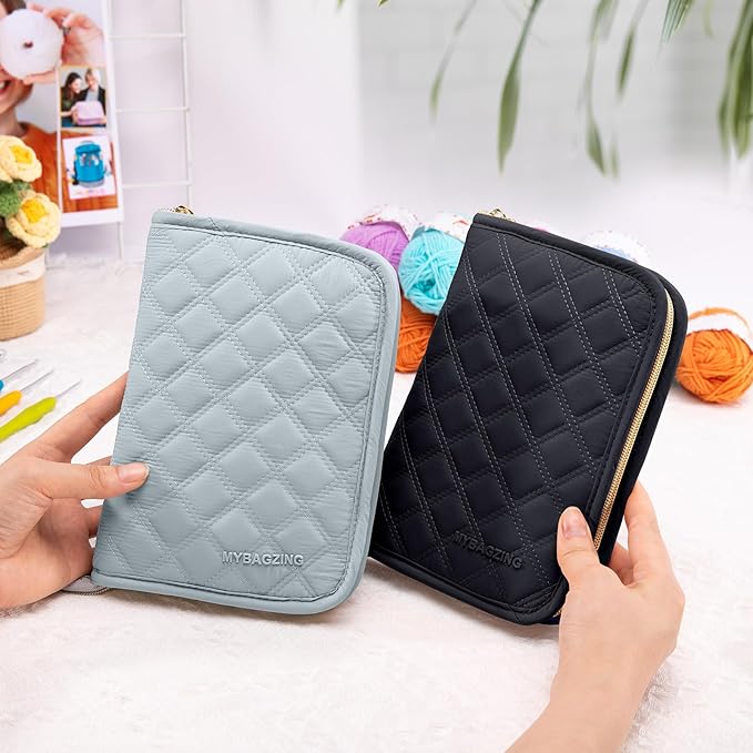 MYBAGZING Crochet Hook Case – Empty Organizer with 24 Slots for Crochet Hooks & Ergonomic Aluminum Crochet Needles, Zipper Pocket for Accessories and Supplies
