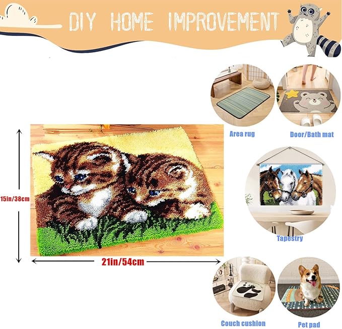 Latch Hook Kits for Adults - DIY Latch Hook Rug Kits, Crochet Kit for Beginners, Rug Making Kits with Printed Canvas, Gift Packaging. (Two Grass Cats, 16x21 inch)