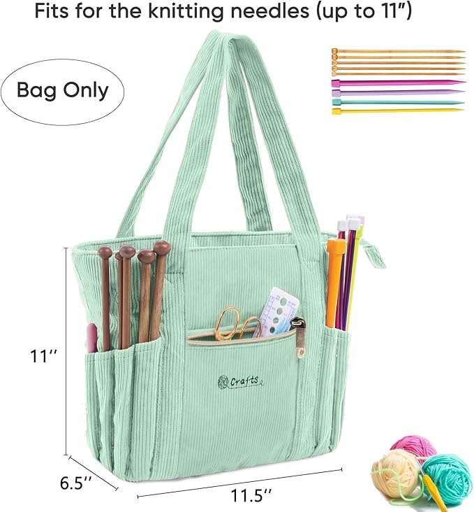 Corduroy Crochet Bag 11.5" Large Yarn Storage Tote with Grommets, Needle Holders – Knitting Bag Organizer for Crochet Hooks, Accessories, Tools & Projects –Gift for Knitters & Crafters