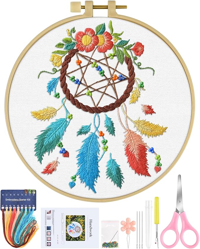 ERKOON Embroidery Kit for Beginners, Flower Cross Stitch Set for Include Embroidery Cloth Hoops Threads for Craft Lover Hand Stitch with Embroidery Skill Techniques (Dreamcatcher)